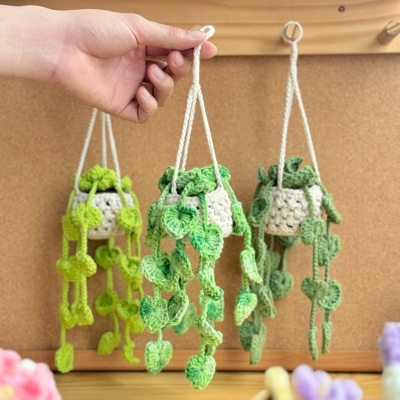 Crocheted hanging planters with green leaves and white pots
